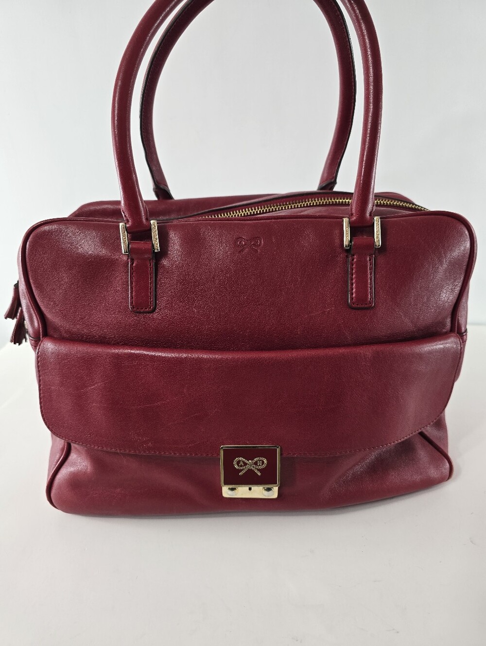 Anya Hindmarch Carker Satchel Red Leather Front Flap Pocket Handbag Bag Purse - Picture 1 of 15